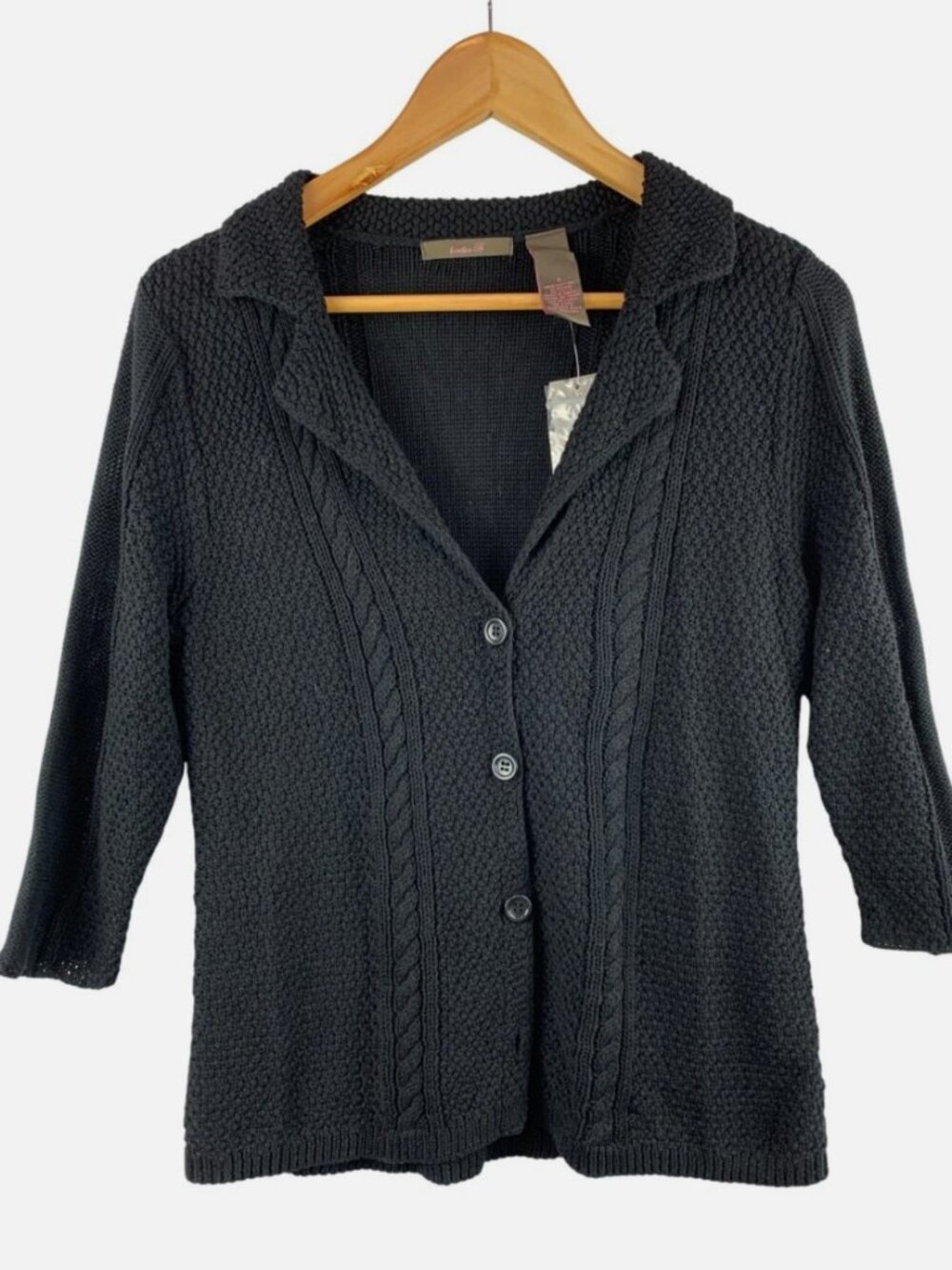 Heather B Womens Black Cable Knit Cardigan Sweater S Cotton